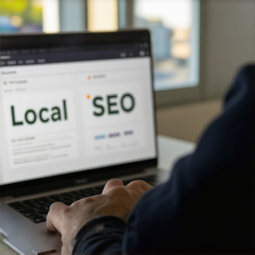 Person analyzing SEO data on a laptop with Oklahoma cityscape