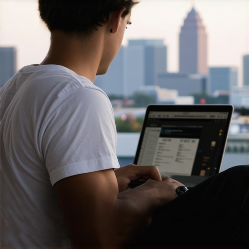Person working on laptop with Oklahoma City landmarks in background, representing local SEO efforts.