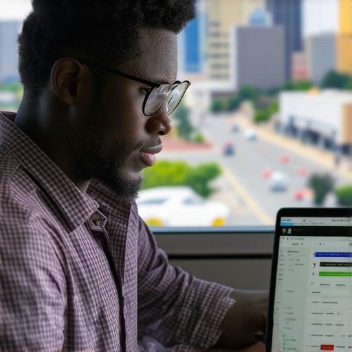 Business owner working on SEO strategies with Oklahoma cityscape