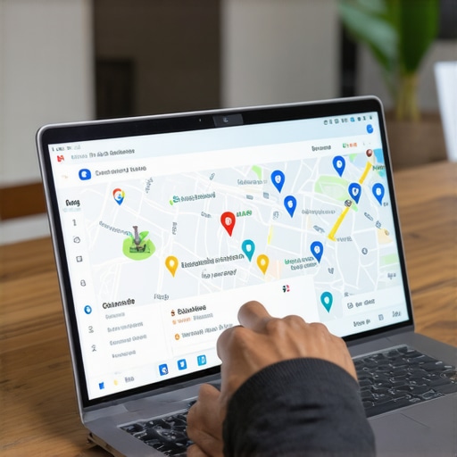 Business owner reviewing Google Maps rankings on a laptop with Oklahoma landmarks in background