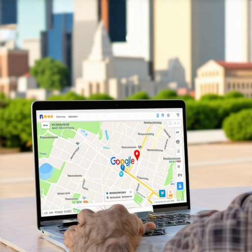 Oklahoma business owner working on Google Maps optimization with local landmarks in background