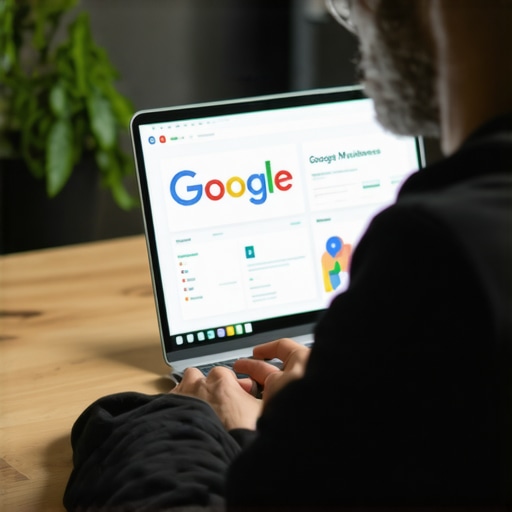 Business owner working on Google My Business profile on laptop with SEO tools