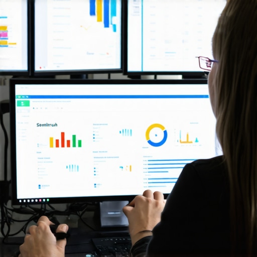 Expert Analyzing Local SEO Tools Person reviewing SEO performance metrics on dual monitors with focus on local search analytics.