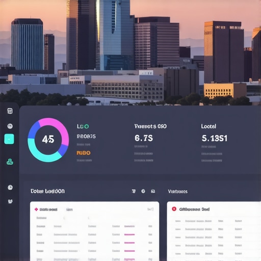 Dashboard showing local SEO and Google Maps ranking metrics with Oklahoma City skyline