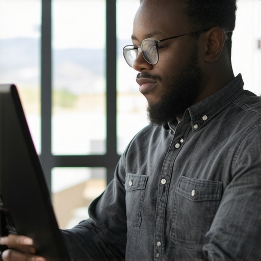 Managing Your GMB Profile for Map Success Business owner optimizing Google My Business profile on a laptop.