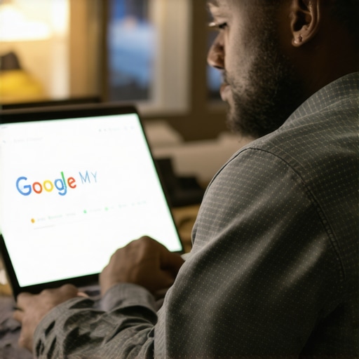 Business owner updating their Google My Business profile on a laptop surrounded by Oklahoma City landmarks.