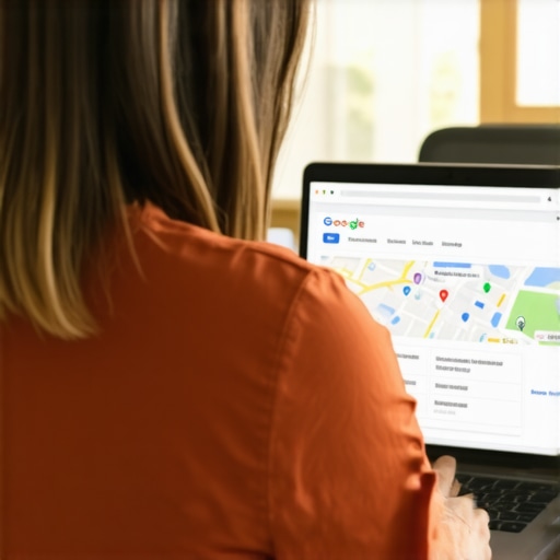 Business owner updating Google My Business profile on laptop with Google Maps open