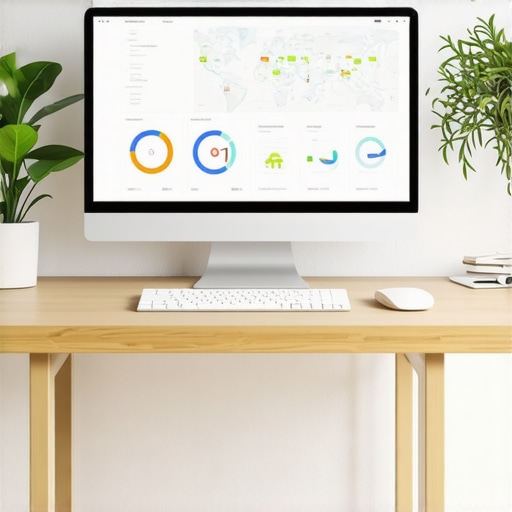 A workspace featuring SEO analytics dashboards, maps, and a laptop showcasing local SEO performance data