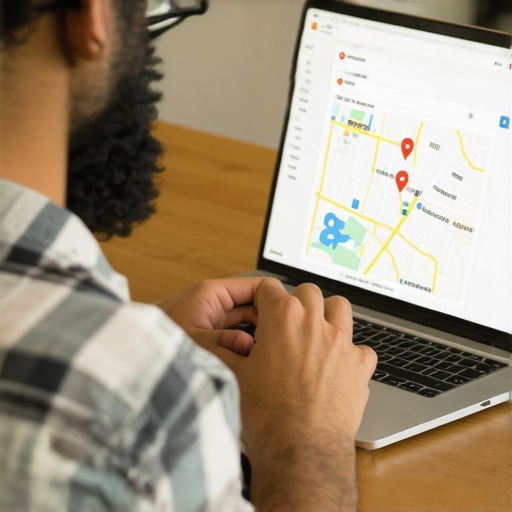 Business owner updating Google Maps profile with local map background.