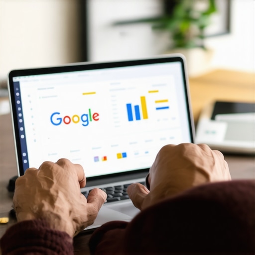 Person working on local SEO analytics on a laptop in an office setting.