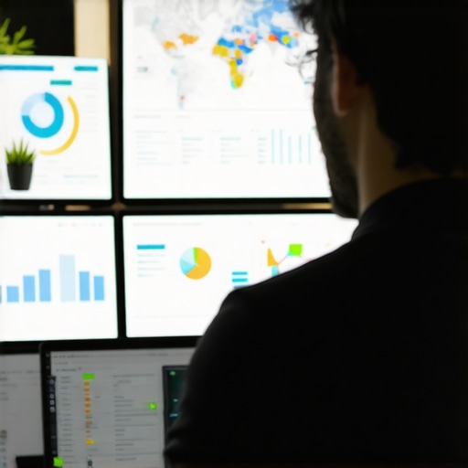 SEO Professional Analyzing Data A professional reviewing SEO and maps analytics on multiple screens in an office