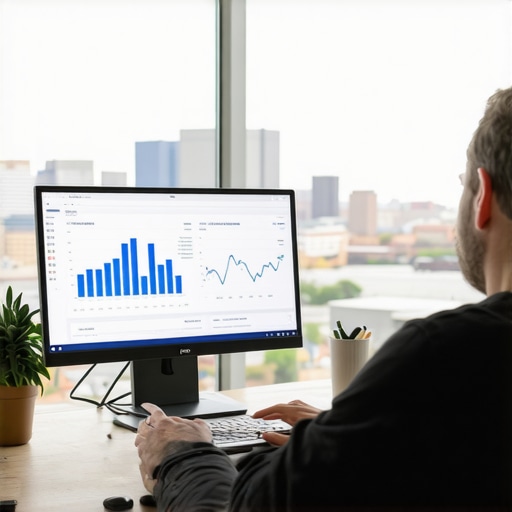 Person analyzing local SEO metrics on a laptop with Oklahoma City skyline in background.
