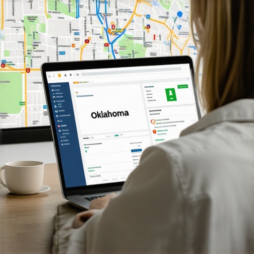Person reviewing local SEO analytics on a laptop with maps of Oklahoma City