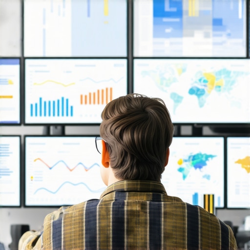 Digital marketer reviewing SEO analytics and maps on multiple screens