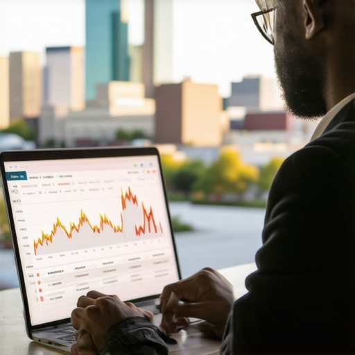Business owner reviewing local SEO metrics on a laptop with Oklahoma City skyline behind.