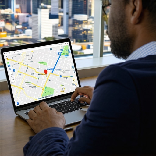 Business owner reviewing Google Maps optimization on a laptop with Oklahoma City landmarks.