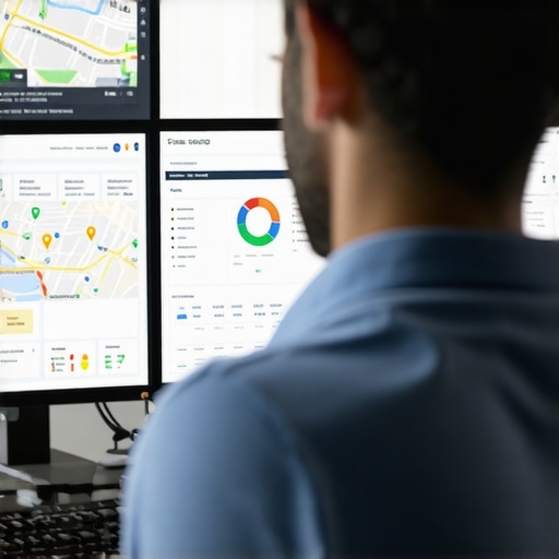 Close-up of a person analyzing Google Maps rankings and local SEO reports on a computer monitor.