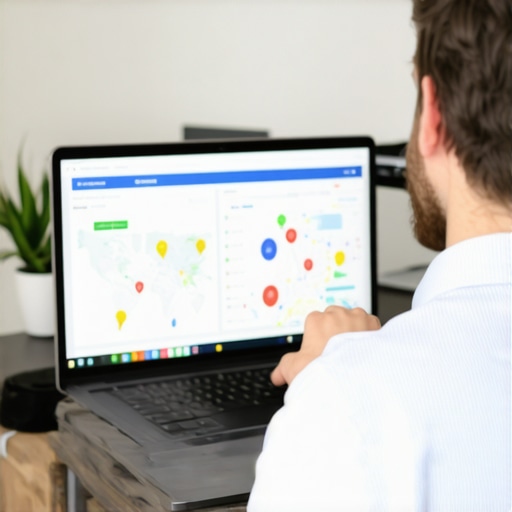 Business owner analyzing local SEO performance on a laptop with Google Maps
