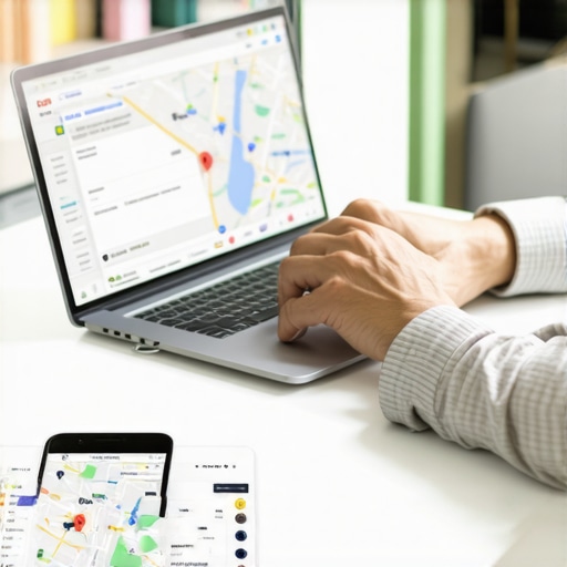 Oklahoma business owner working on online map optimization with digital devices