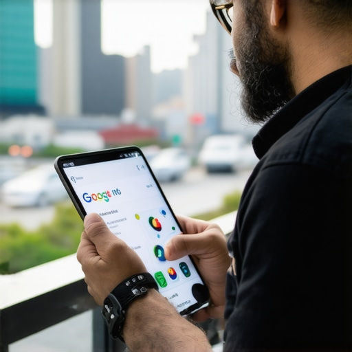 Business owner analyzing Google Maps ranking data on a tablet in Oklahoma City